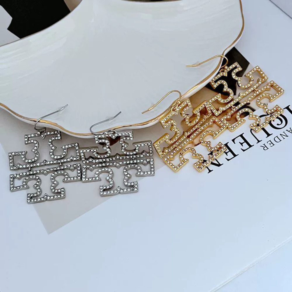 Tory Burch Rhinestone Hollow Letter Earrings